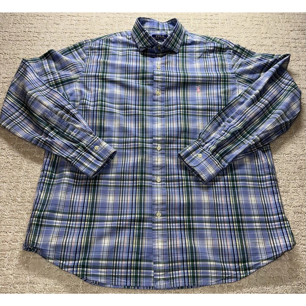 Polo‎ Ralph Lauren Shirt Mens XL Blue Plaid Long Sleeve Stretch Button Down